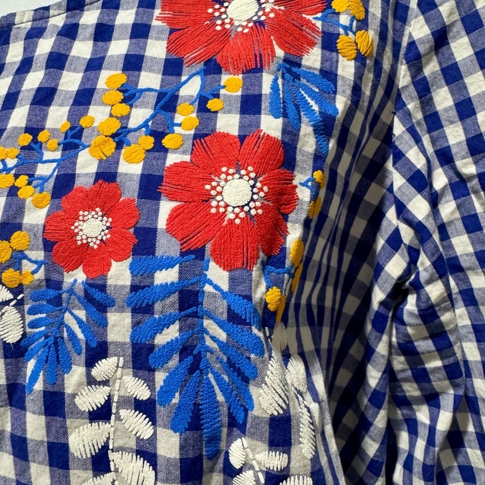 Cherish Gingham Floral Embroidered Top Blue Check — Fits Medium - Picture 7 of 14